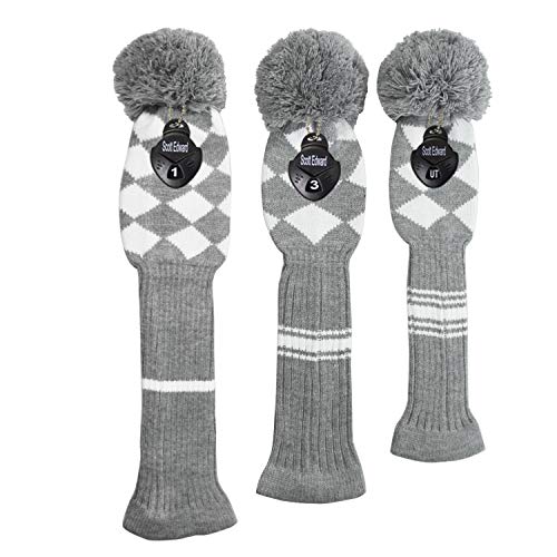 Scott Edward Golf Club Head Set of 3 Cutest Pom Pom Fit Over Well Driver Wood460cc Fairway Wood and HybridUT The Perfect Change for Golf BagGrey and White - Image 3