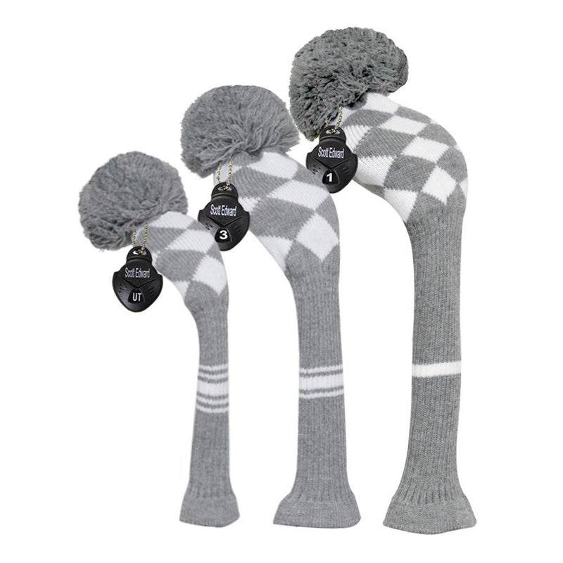 Scott Edward Golf Club Head Set of 3 Cutest Pom Pom Fit Over Well Driver Wood460cc Fairway Wood and HybridUT The Perfect Change for Golf BagGrey and White - Image 2