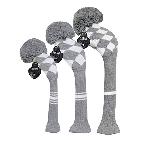 Scott Edward Golf Club Head Set of 3 Cutest Pom Pom Fit Over Well Driver Wood460cc Fairway Wood and HybridUT The Perfect Change for Golf BagGrey and White - Image 1