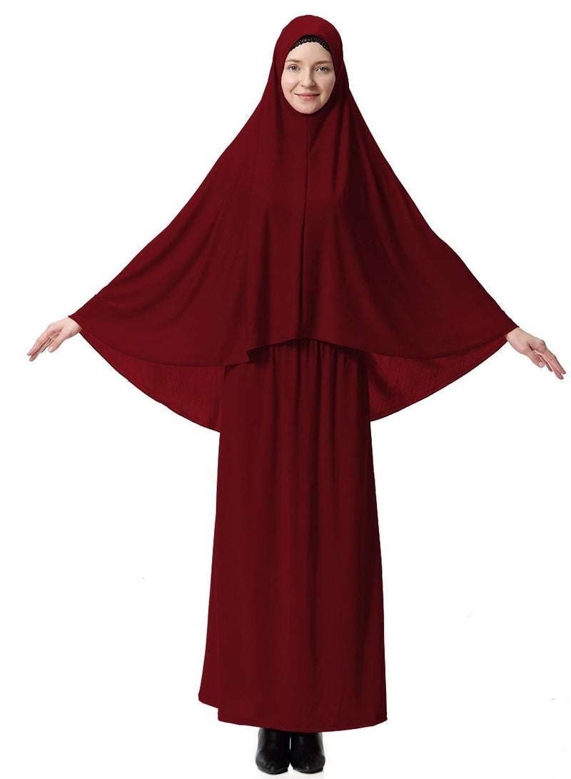 Loquat Women's 2-Piece Abaya Cape Set Solid Color Abaya Thobe Robe With Hijab And Half Skirt Suit Wine Red  - Image 1