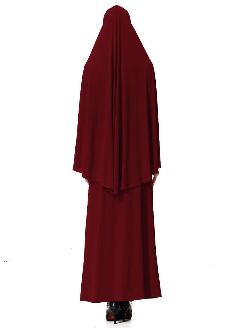 Loquat Women's 2-Piece Abaya Cape Set Solid Color Abaya Thobe Robe With Hijab And Half Skirt Suit Wine Red  - Image 3