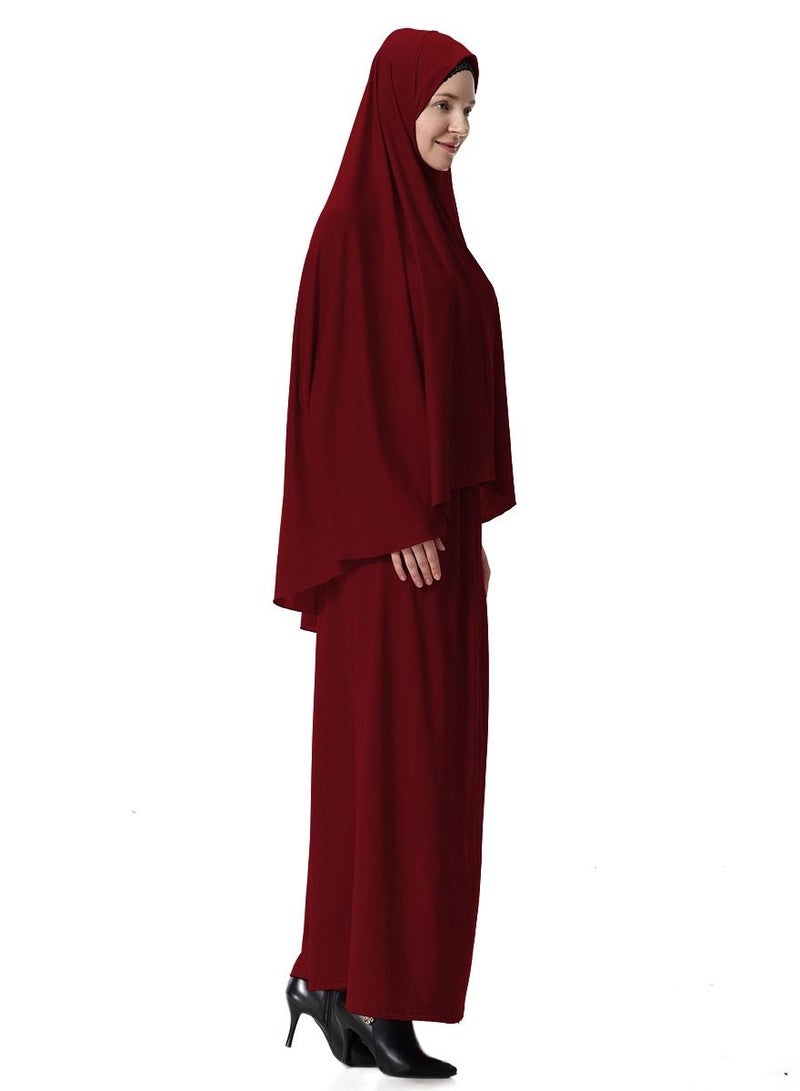 Loquat Women's 2-Piece Abaya Cape Set Solid Color Abaya Thobe Robe With Hijab And Half Skirt Suit Wine Red  - Image 2