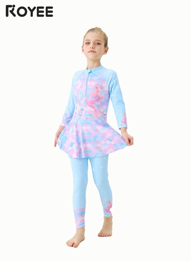 Royee Children's Mermaid Swimsuit， Long sleeved One Piece Sun Proof kids Swimwear With Swim Cap For Height 70-120cm Girls - Image 2