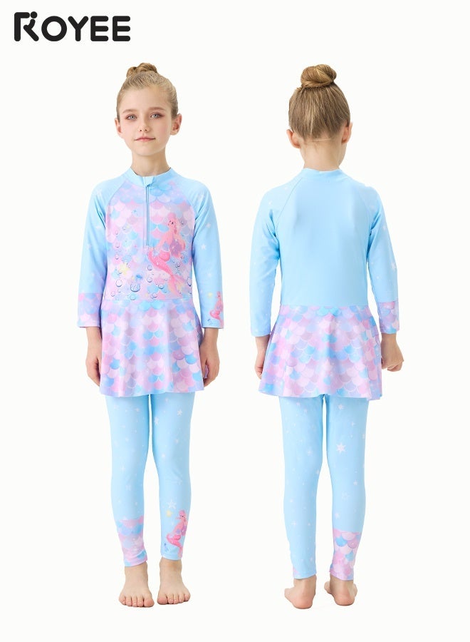 Royee Children's Mermaid Swimsuit， Long sleeved One Piece Sun Proof kids Swimwear With Swim Cap For Height 70-120cm Girls - Image 1