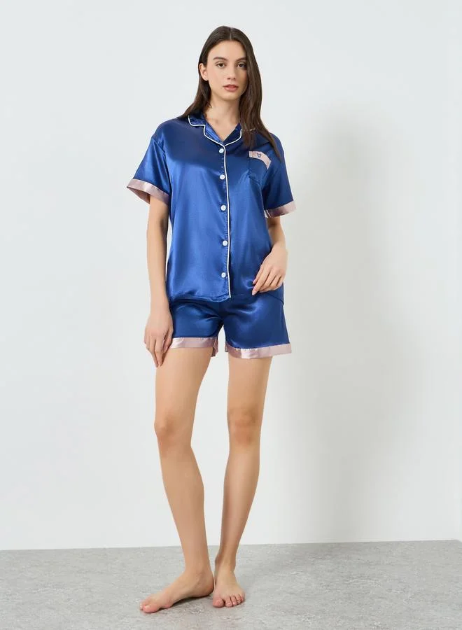 Styli Navy Blue Contrast Edge Satin Shirt and Shorts Set