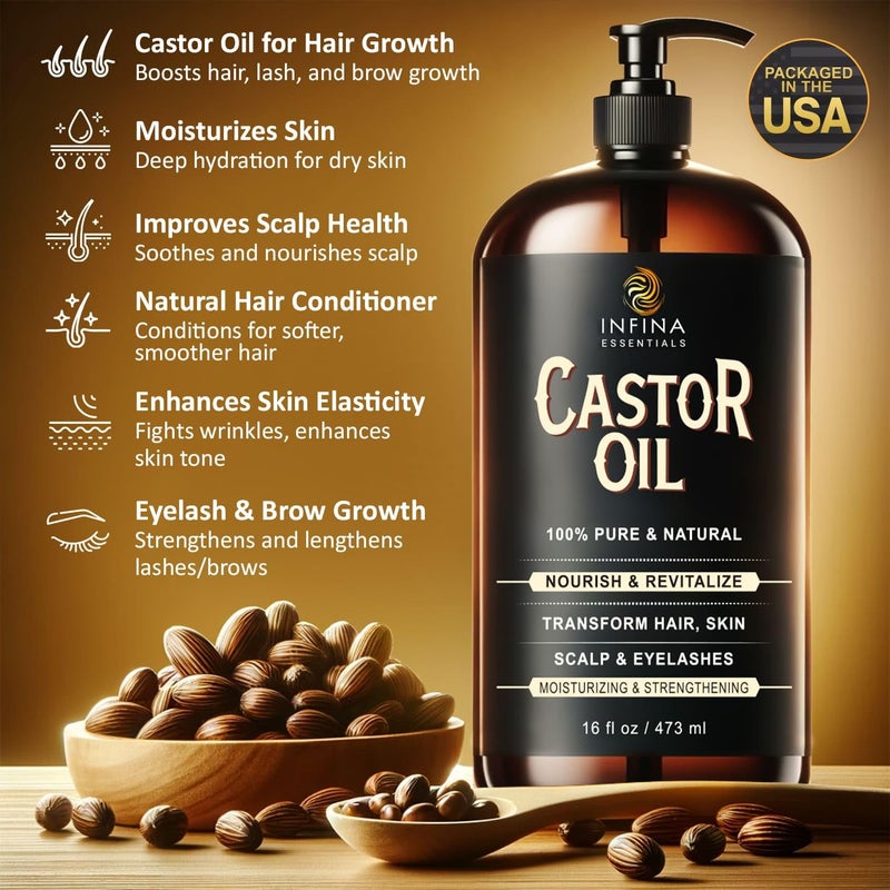 INFINA ESSENTIALS Pure Cold Pressed Castor Oil - Hexane Free, Glass Bottle for Hair Growth, Face, Scalp, Skin & Eyelashes - Nourishing and Moisturizing - 16 fl oz - Image 3