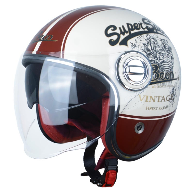 خوذة دراجة نارية مفتوحة للبالغين معتمدة من DOT، خوذة نصفية 34 لموديل فيسبا الكلاسيكي مع نظارات مزدوجة للرجال والنساء، لون بيج لامع وأحمر كبير