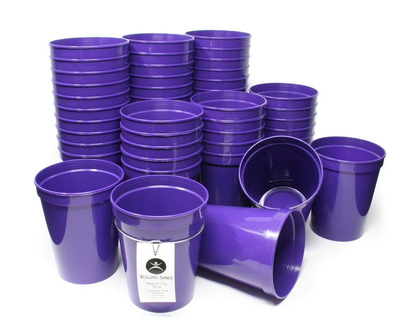 Rolling Sands 16 Oz Reusable Plastic Stadium Cups Bulk 50 Pk USA Made BPAFree Dishwasher Safe Plastic Tumblers Purple