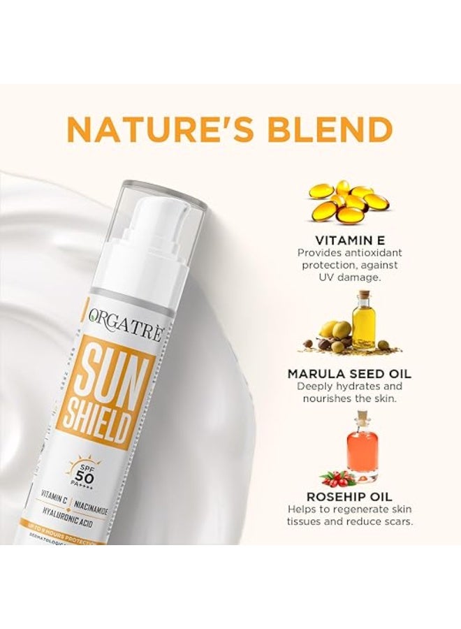 ORGATRE Sun Shield SPF 50 PA++++ Sunscreen for Women Vitamin C, Niacinamide & Hyaluronic Acid, Non-Greasy, No White Cast, Water Resistant, Face Cream for Glowing Skin & Acne Prone Skin 50gm - Image 4