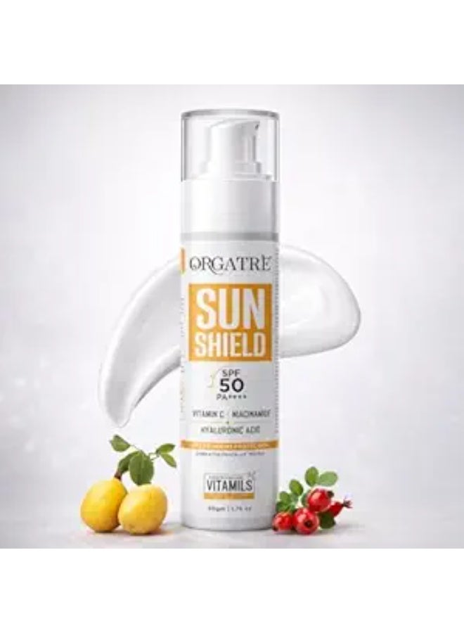 ORGATRE Sun Shield SPF 50 PA++++ Sunscreen for Women Vitamin C, Niacinamide & Hyaluronic Acid, Non-Greasy, No White Cast, Water Resistant, Face Cream for Glowing Skin & Acne Prone Skin 50gm - Image 1