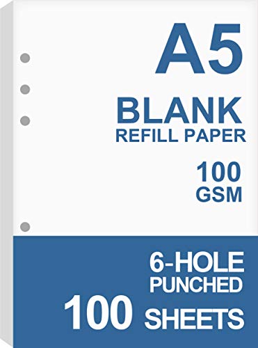 Nokingo A5 Blank Paper, Refills for Filofax Planner, Organizer, Binders, 6 Hole Punched, 100 Sheets/200 Pages, 100gsm, White, 5.8 x 8.2 Inch - Image 1