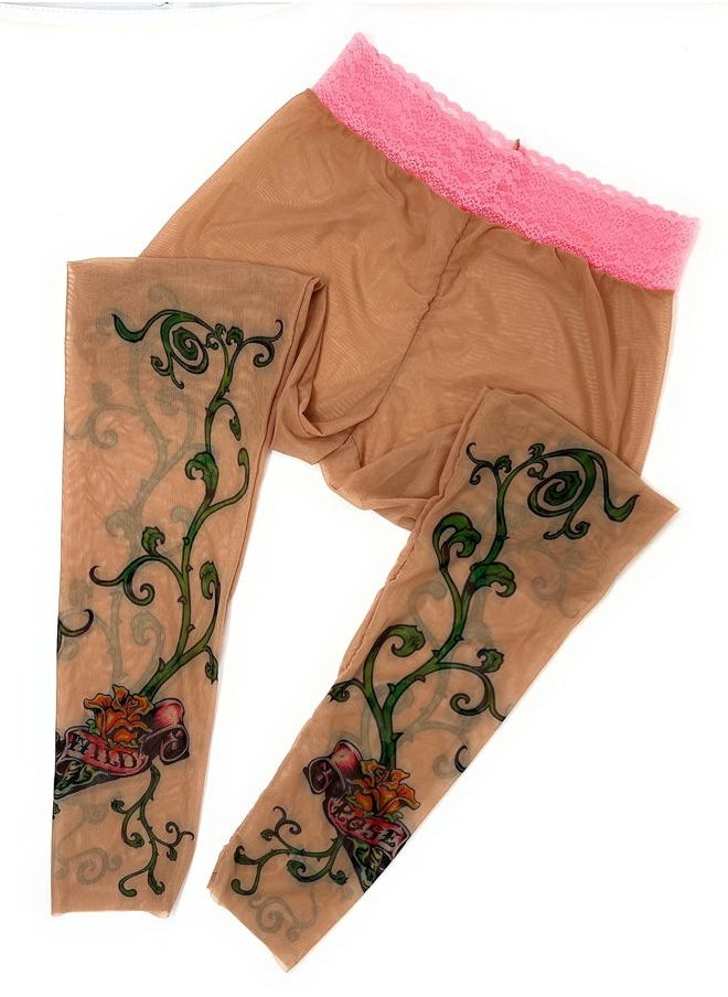 WILD ROSE - Ladies Tattoo Mesh Leggings, Tan (2XL) - Image 1