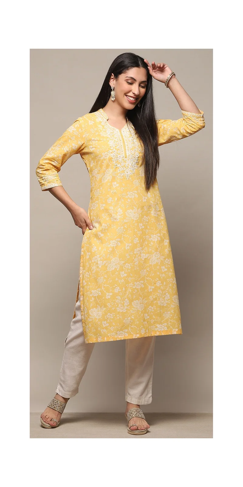 Biba Yellow Cotton Straight Kurta