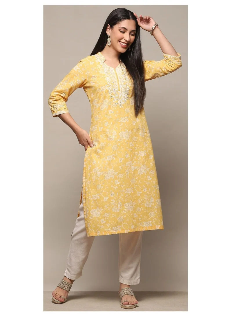 Biba Yellow Cotton Straight Kurta