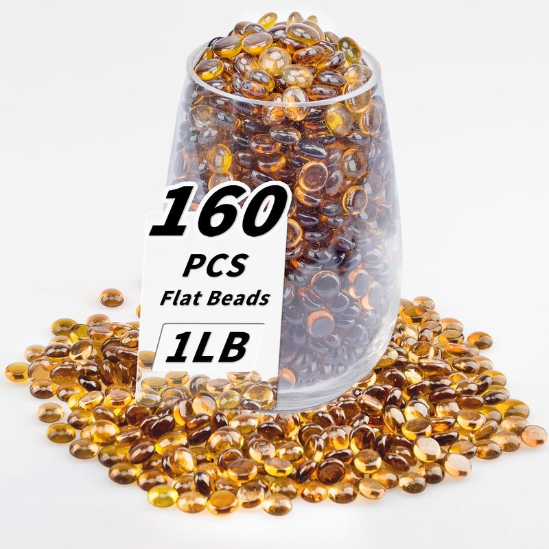 Foncomy 1 LB Amber Flat Glass Beads, 160-180PCS Small Glass Marbles, Mini Flat Round Pebbles for Vase Filler and Floral, Fish Tank Rocks Decorative Gemstones for Home and Aquarium Décor - Image 1
