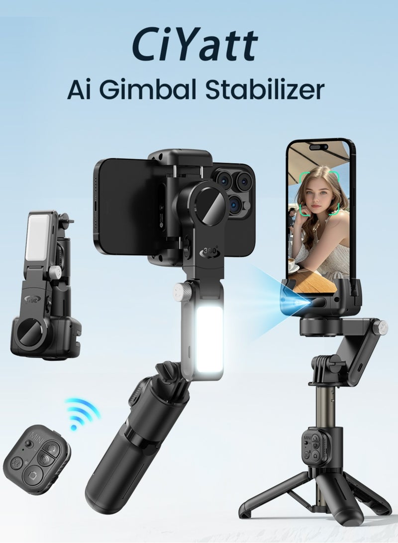 سيات جيمبال مثبت موبايل بالذكاء الاصطناعي مع دوران ٣٦٠ درجة، تتبع تلقائي للوجه ومضاد للاهتزاز، عصا سيلفي صغيرة مع حامل ترايبود ارتفاعه ٦٥ سم مع ضوء مساعد - Image 1