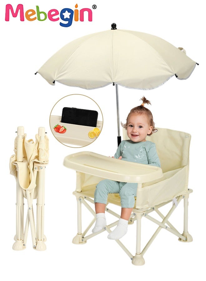 MEBEGIN Portable Chair with Umbrella and Storage Bag, Travel Booster Seat with Belt and Removable Tray for Baby, Must-have Item for Parents on the Go, Suitable for Dining, Camping, Beach or Any Indoor or Outdoor Setting  - Image 1