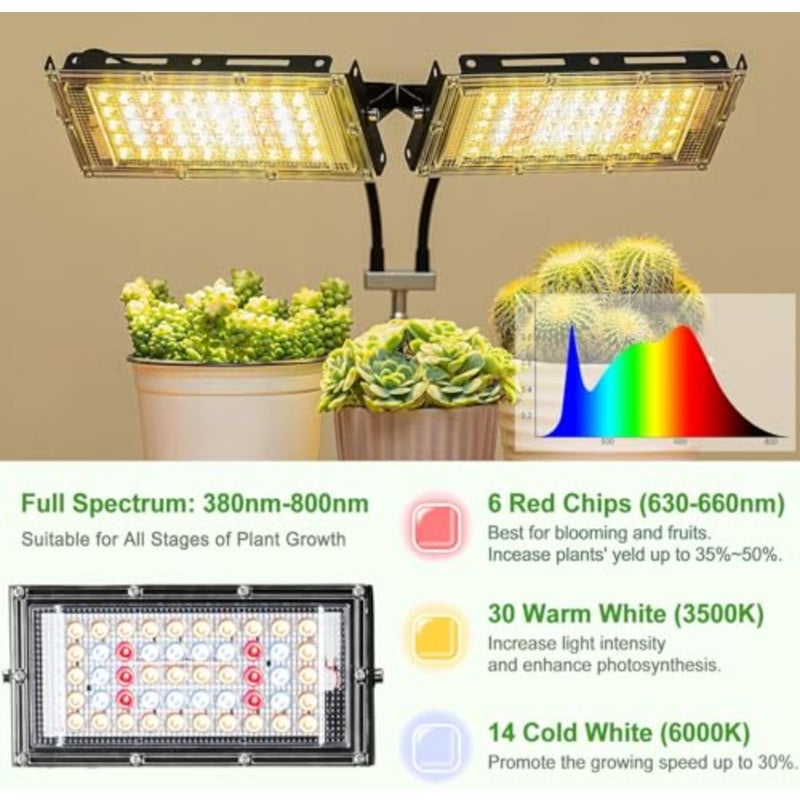ضوء نمو للنباتات الداخلية ذو رأسين وطيف كامل 200W مؤقت تشغيل/إيقاف تلقائي بتقنية LED 6 مستويات تخفيف السطوع 3 أوضاع تشغيل قابلة للتعديل وحامل على ثلاثة أرجل 15-63 بالبوصات للا - Image 3