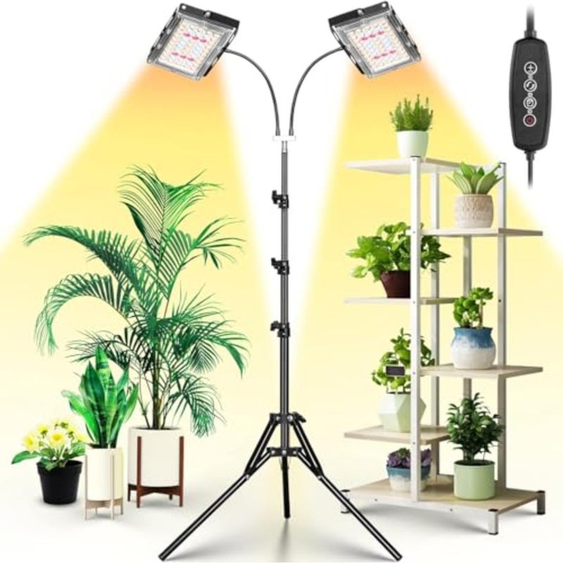 ضوء نمو للنباتات الداخلية ذو رأسين وطيف كامل 200W مؤقت تشغيل/إيقاف تلقائي بتقنية LED 6 مستويات تخفيف السطوع 3 أوضاع تشغيل قابلة للتعديل وحامل على ثلاثة أرجل 15-63 بالبوصات للا - Image 1