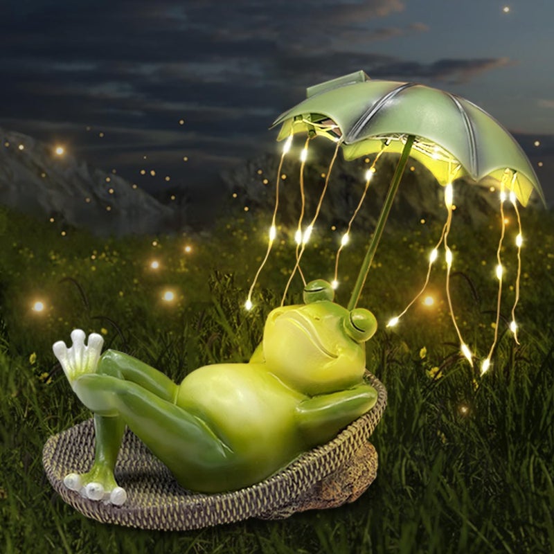 Solar Frog Garden Decor Outdoor Statue  Frogs Umbrella LED Waterproof Sculptures Lights Cute Frog PondYard Statues Outside Decoration Home Lawn Patio Resin Animal Ornament WomenGardening Gift