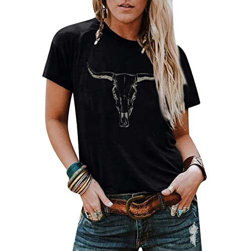 UNIQUEONE Boho Cow Skull Shirt Women Cowgirl t Shirt Vintage Western Rodeo Graphic Tee Short Sleeve Bull Skull Casual Top - Image 1