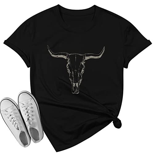 UNIQUEONE Boho Cow Skull Shirt Women Cowgirl t Shirt Vintage Western Rodeo Graphic Tee Short Sleeve Bull Skull Casual Top - Image 5