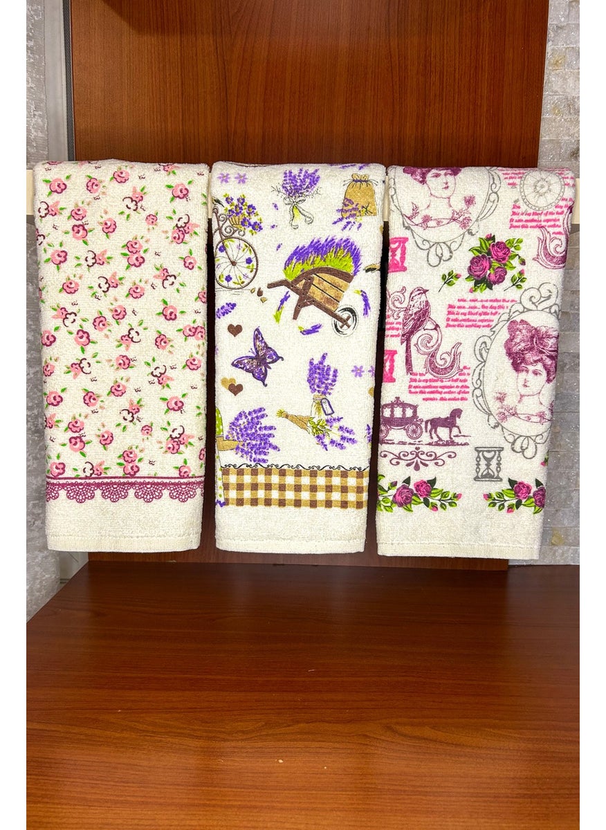 Cnr Garden 3 Piece Cotton Printed Towel Set 30X50 cm Hand Face Kitchen Towel Soft Patterned Water Absorbent Set  - Image 1