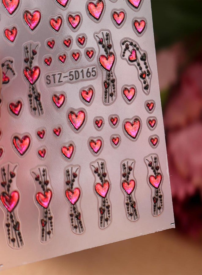 LYLYNB 5D Heart Nail Art Stickers Valentines Nail Decals Glitter Hearts Line Nail Design Stickers Self Adhesive Cute Manicure Decorations Valentine Embossed Nail Art Supplies for Women Girls, 2 Sheets - Image 5