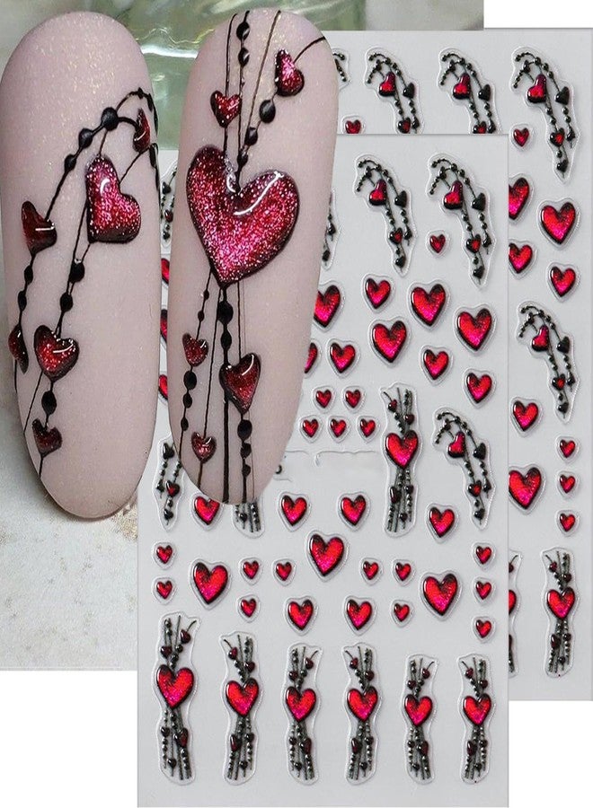 LYLYNB 5D Heart Nail Art Stickers Valentines Nail Decals Glitter Hearts Line Nail Design Stickers Self Adhesive Cute Manicure Decorations Valentine Embossed Nail Art Supplies for Women Girls, 2 Sheets - Image 1