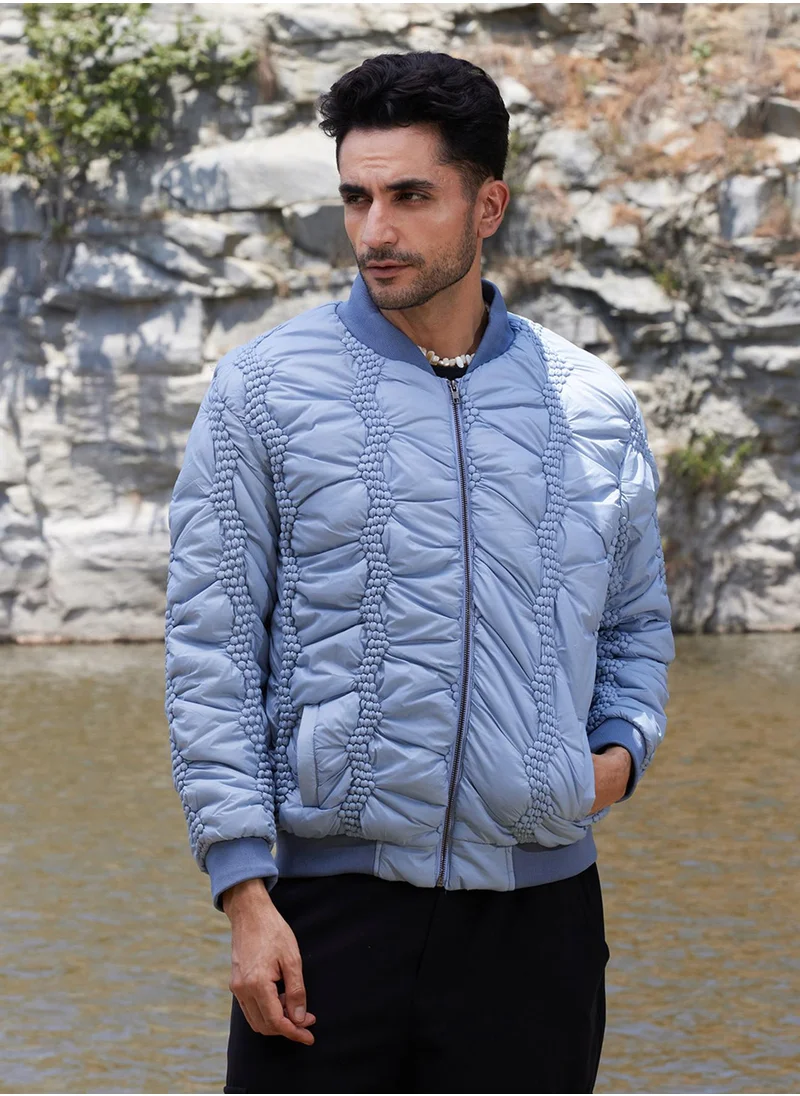 Campus Sutra Men's Icy Blue Braided Crease Puffer Jacket