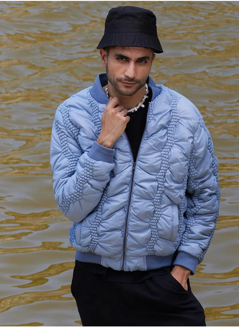 Campus Sutra Men's Icy Blue Braided Crease Puffer Jacket