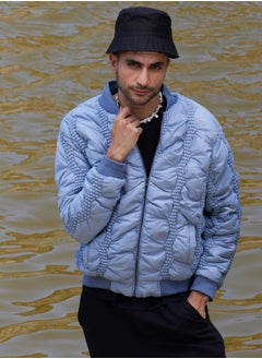 Campus Sutra Men's Icy Blue Braided Crease Puffer Jacket  - Image 1