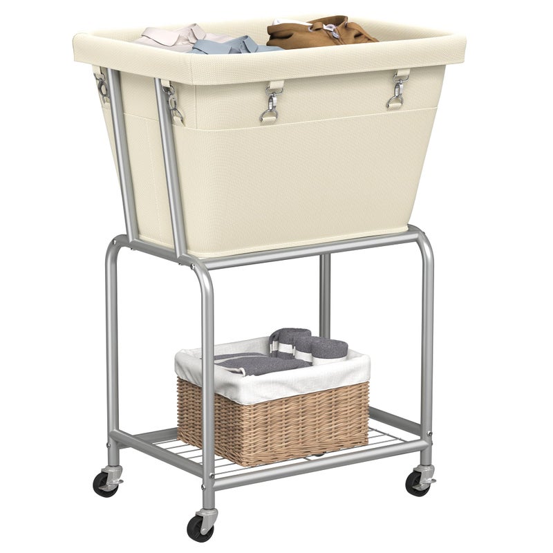 ELYKEN Rolling Laundry Hamper with Wheels, Laundry Cart with Removable Bag, Heavy Duty Metal Frame, 2-Tier Clothes Basket Hamper with Shelf for Closet, Bedroom, Bathroom, Laundry Room, Cream - Image 1