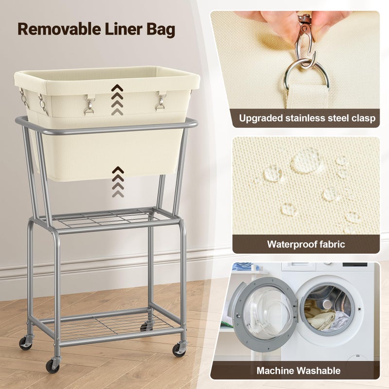 ELYKEN Rolling Laundry Hamper with Wheels, Laundry Cart with Removable Bag, Heavy Duty Metal Frame, 2-Tier Clothes Basket Hamper with Shelf for Closet, Bedroom, Bathroom, Laundry Room, Cream - Image 5