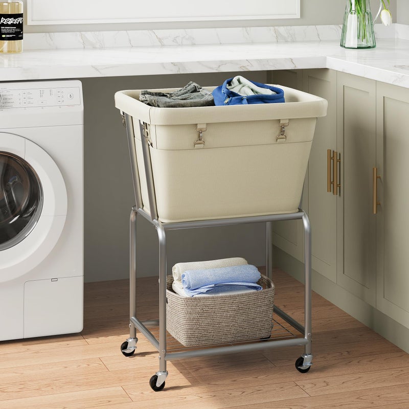 ELYKEN Rolling Laundry Hamper with Wheels, Laundry Cart with Removable Bag, Heavy Duty Metal Frame, 2-Tier Clothes Basket Hamper with Shelf for Closet, Bedroom, Bathroom, Laundry Room, Cream - Image 2