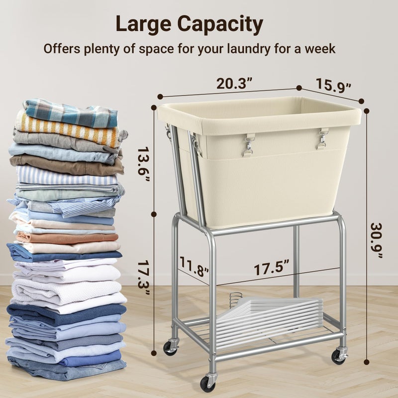 ELYKEN Rolling Laundry Hamper with Wheels, Laundry Cart with Removable Bag, Heavy Duty Metal Frame, 2-Tier Clothes Basket Hamper with Shelf for Closet, Bedroom, Bathroom, Laundry Room, Cream - Image 3