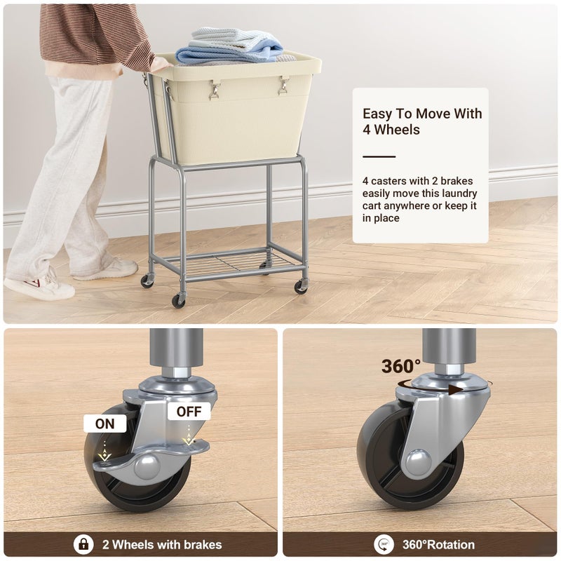 ELYKEN Rolling Laundry Hamper with Wheels, Laundry Cart with Removable Bag, Heavy Duty Metal Frame, 2-Tier Clothes Basket Hamper with Shelf for Closet, Bedroom, Bathroom, Laundry Room, Cream - Image 4