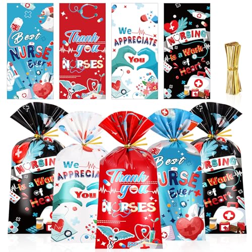 HOWAF 100pcs Nurse Day Candy Bag Bulk Thank You Nurses Cellophane Bags for Nurse Appreciation Week Supplies Nurses Week Gift Bags with Twist Ties for Nursing Party Medical Party - Image 2