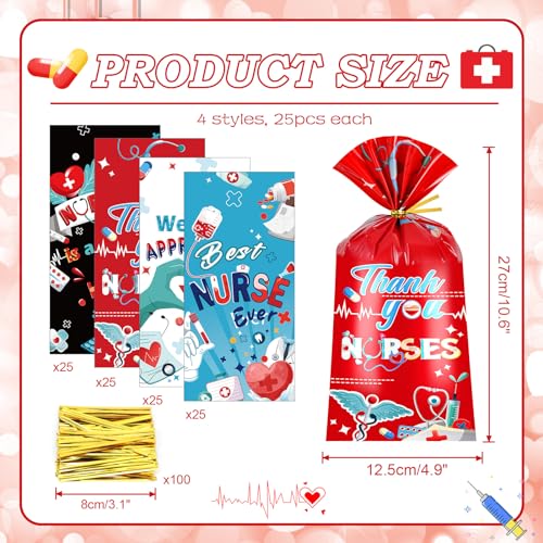HOWAF 100pcs Nurse Day Candy Bag Bulk Thank You Nurses Cellophane Bags for Nurse Appreciation Week Supplies Nurses Week Gift Bags with Twist Ties for Nursing Party Medical Party - Image 5