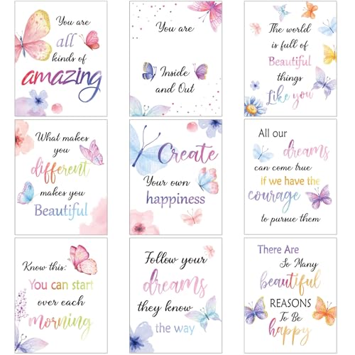 Zonon 9 Set Watercolor Butterfly Inspirational Quote Wall Poster Prints 8 x 10 Inch Butterfly Motivational Saying Woman Room Decor Pictures Decor Wall Decals with 30 Glue Point Dots - Image 1