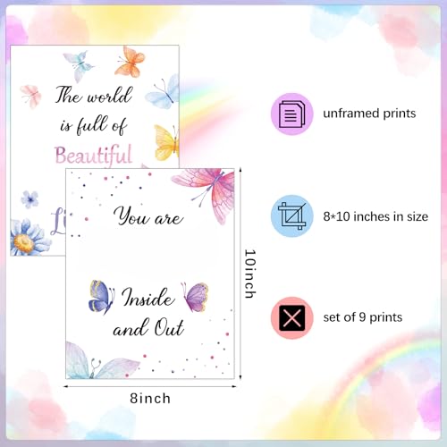 Zonon 9 Set Watercolor Butterfly Inspirational Quote Wall Poster Prints 8 x 10 Inch Butterfly Motivational Saying Woman Room Decor Pictures Decor Wall Decals with 30 Glue Point Dots - Image 2