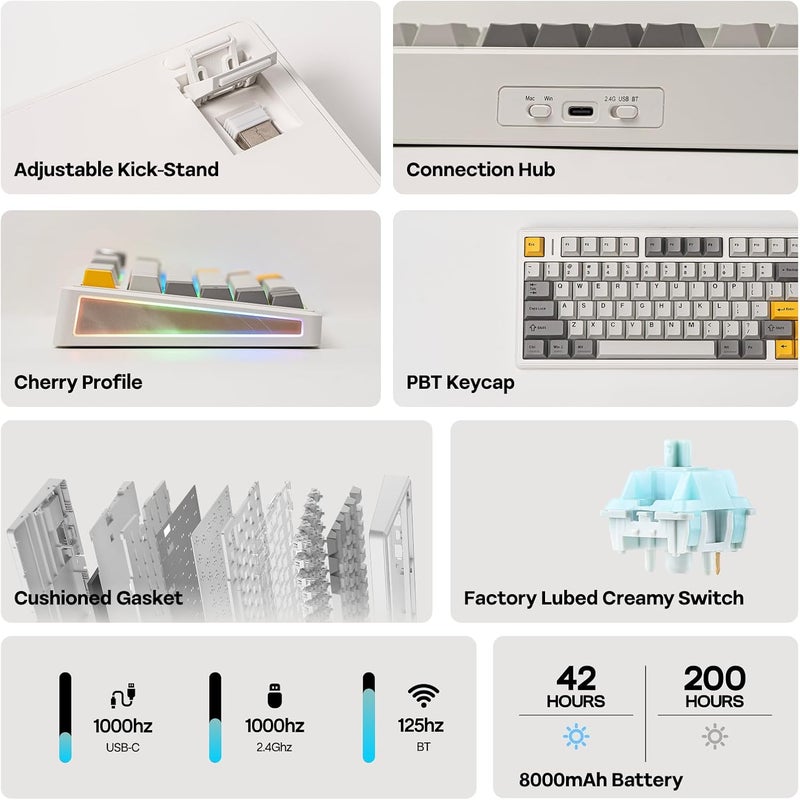 EPOMAKER TH80 V2 75% Wireless Mechanical Keyboard with Metal Knob, 8000mAh, 2.4Ghz/BT/USB-C, RGB, Hot Swap, Custom Driver, PBT Keycap, Wireless Gaming Keyboard for PC/Mac (White, Creamy Jade) - Image 3