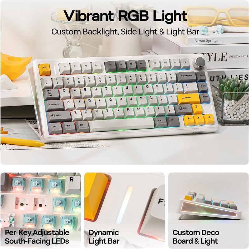 EPOMAKER TH80 V2 75% Wireless Mechanical Keyboard with Metal Knob, 8000mAh, 2.4Ghz/BT/USB-C, RGB, Hot Swap, Custom Driver, PBT Keycap, Wireless Gaming Keyboard for PC/Mac (White, Creamy Jade) - Image 4
