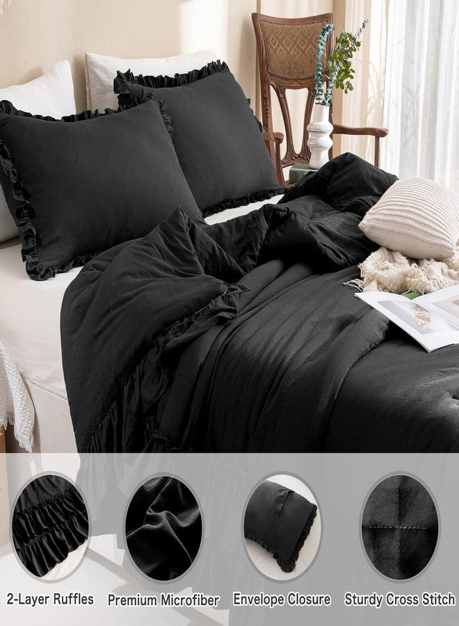 Masaca Black Ruffled Comforter King,Shabby Boho Chic Farmhouse King Bedding Comforter 3 Pieces Vintage Ultra Soft Rustic Bedding for All Season - Image 2