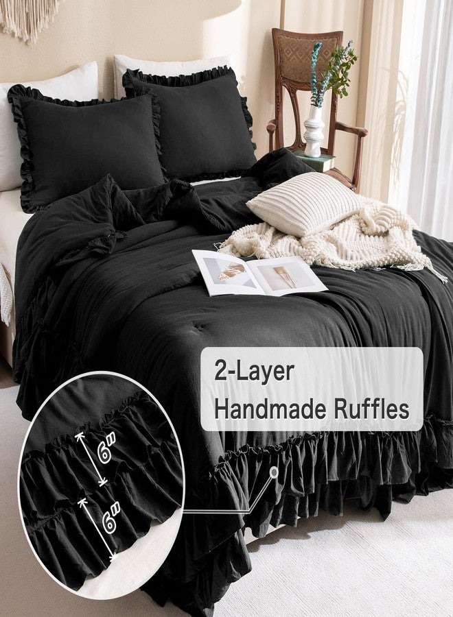 Masaca Black Ruffled Comforter King,Shabby Boho Chic Farmhouse King Bedding Comforter 3 Pieces Vintage Ultra Soft Rustic Bedding for All Season - Image 3