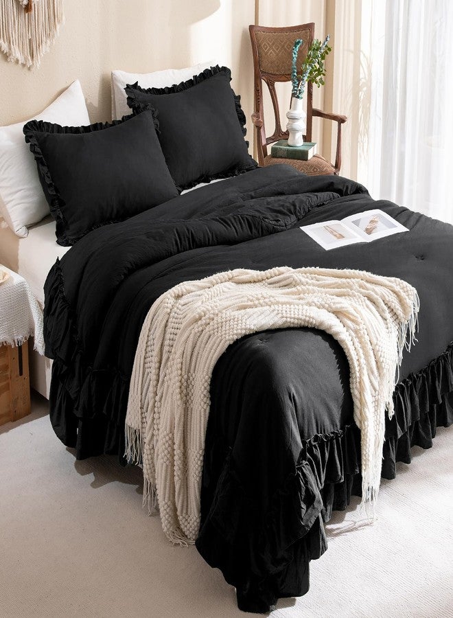 Masaca Black Ruffled Comforter King,Shabby Boho Chic Farmhouse King Bedding Comforter 3 Pieces Vintage Ultra Soft Rustic Bedding for All Season - Image 1