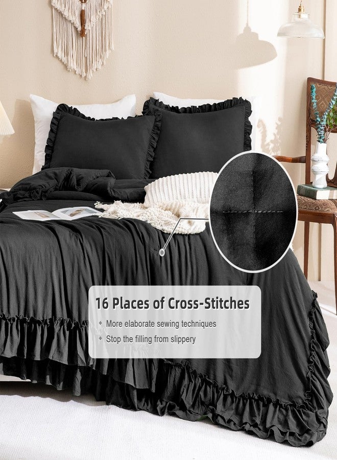 Masaca Black Ruffled Comforter King,Shabby Boho Chic Farmhouse King Bedding Comforter 3 Pieces Vintage Ultra Soft Rustic Bedding for All Season - Image 5