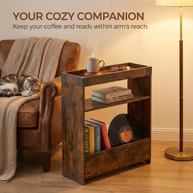 ZEXVIDA Farmhouse Narrow Side Table with Tray Top & Magazine Rack, Sofa Couch Side Table with Storage Shelf, Slim End Table for Small Spaces, Modern Nightstand for Bedroom, Living Room (Rustic Brown) - Image 2