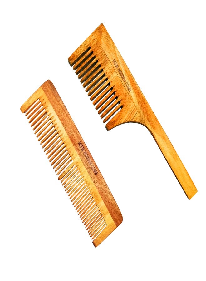 BlackLaoban Handmade Wooden Combs Big Size Kacchi Neem Wood Comb Set - Neem Comb Combo For Men & Women Hair Growth - Pack of 2 - Anti Dandruff, Detangling Hair Fall Control Kanghi Dual Tooth & Large Tooth - Image 1