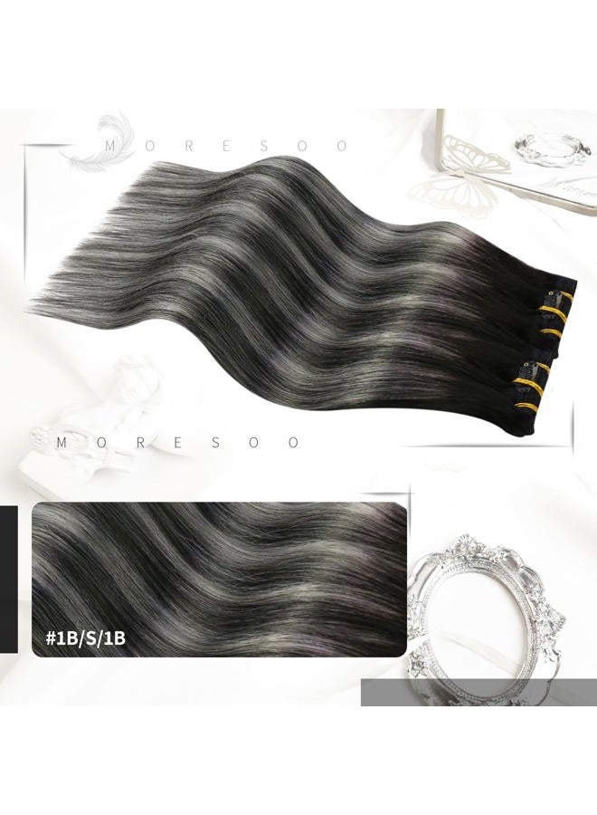 Moresoo إضافات شعر حقيقية بشري قابلة للتثبيت بلون بالياج من الأسود إلى الفضي، إضافات شعر بشري قابلة للتثبيت أومبري مزدوجة، إضافات شعر بشري قابلة للتثبيت كاملة الرأس 18 بوصة 7 قطع 120 جرام - Image 2